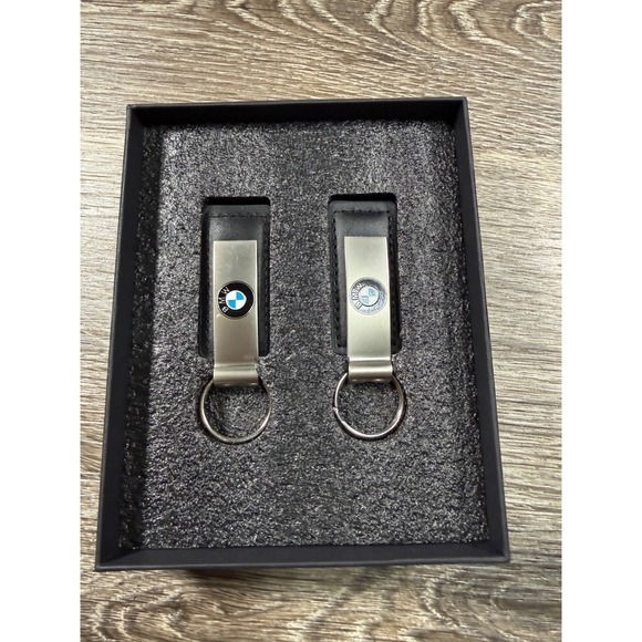 BMW Black Leather and Metal Keychains Set of 2 in Box Southpoint NEW
